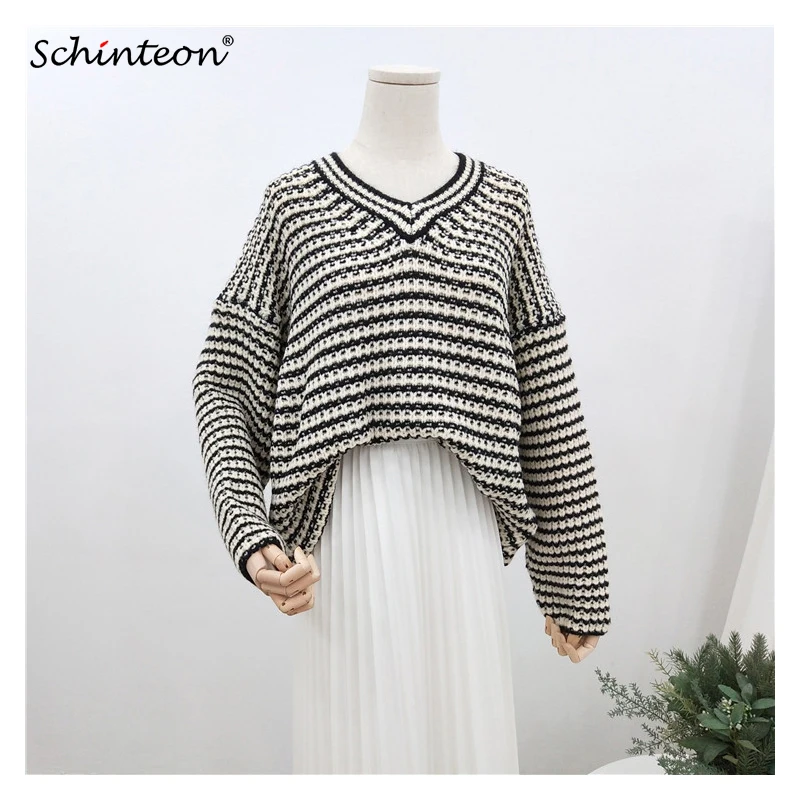

Women Korean Style Knitted Sweater Autumn Striped V-Neck Knitting Pullover Loose Sweater 2019 New Arrival