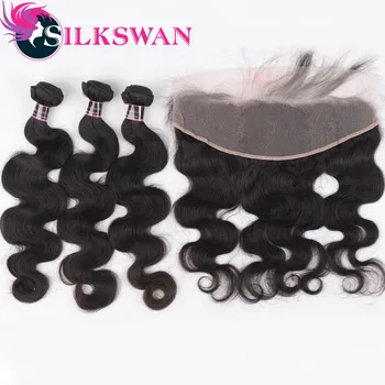 

Silkswan Body Wave Hair Bundles With Frontal 3Bundles With 13x4 Lace Frontal Brazilian 100% Remy Human Hair Natural Color