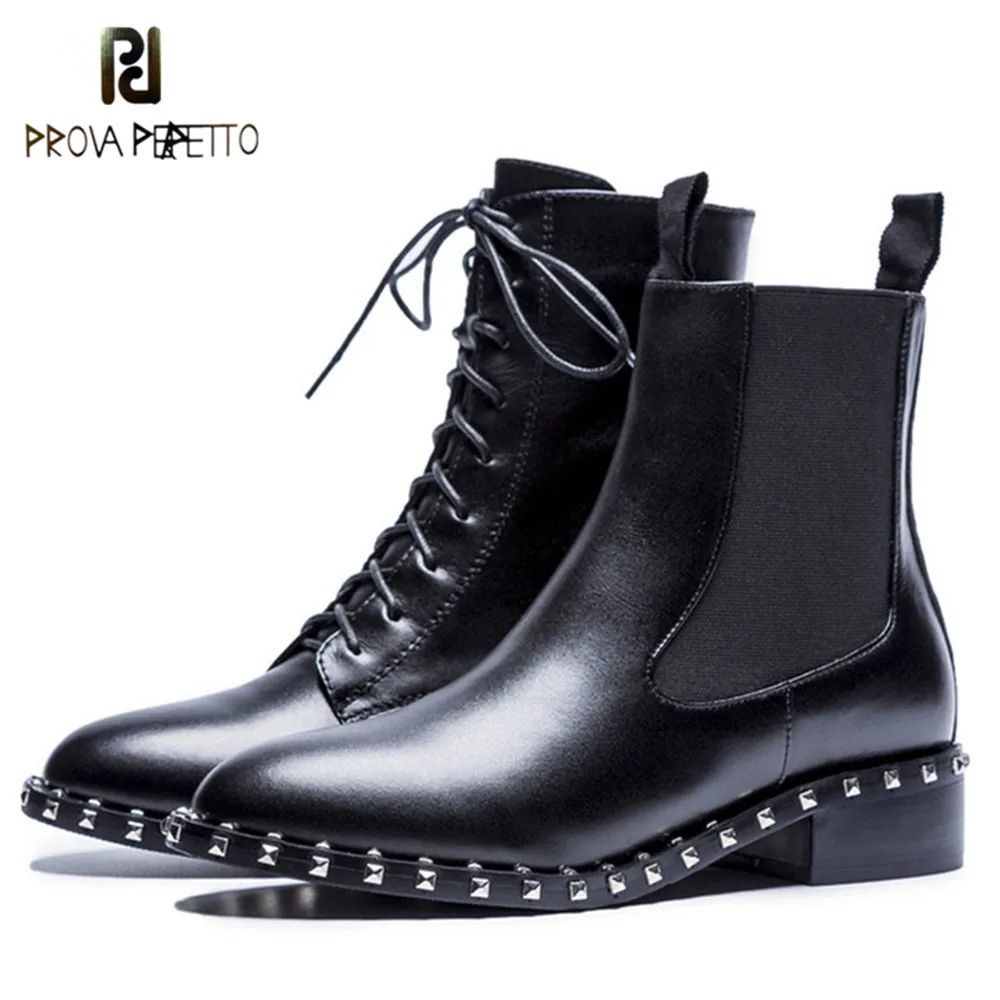 

Prova Perfetto Lace-up Genuine Leather Boots New Ankle Motorcycle Rivets Women Boots Fashion Shoes Woman Autumn Winter Shoes
