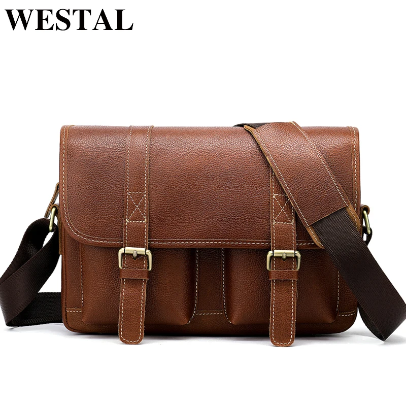 

WESTAL Vintage Crossbody Bags for Men Satchels Genuine Leather Bag Hasp Cover Messenger Bags Men Leather Men's Shoulder Bag 8518