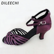 DILEECHI/фиолетовая атласная Женская обувь для латинских танцев для взрослых; мягкая подошва; Обувь для бальных танцев; высота каблука 6 см
