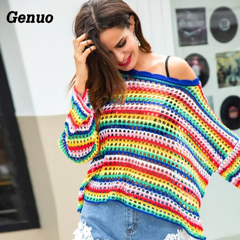 Genuo Colorblock Rainbow Striped Sweaters women patchwork jumpers hollow out knitted fashion bat sleeve oversized pullover top