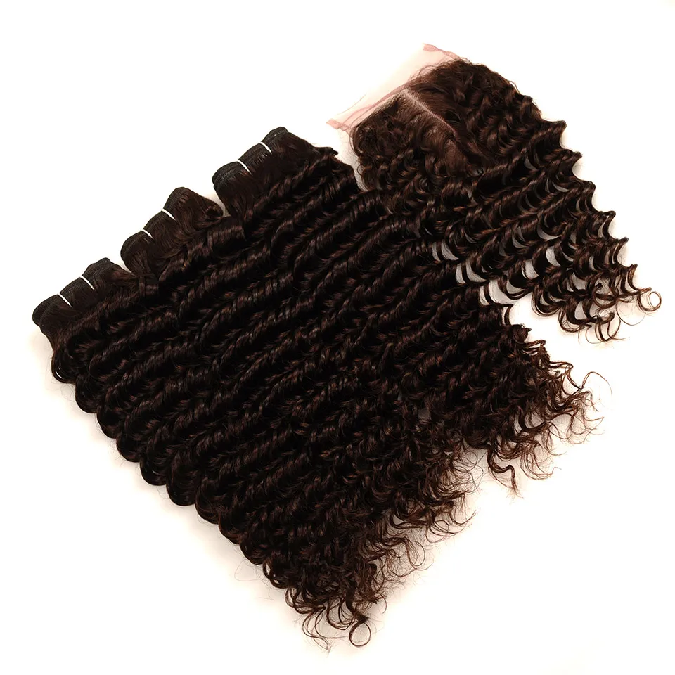 Pinshair светло коричневый бразильский глубокая волна Связки с синтетическое закрытие волос#4 человеческие волосы с парик с пробором посередине - Цвет: #4