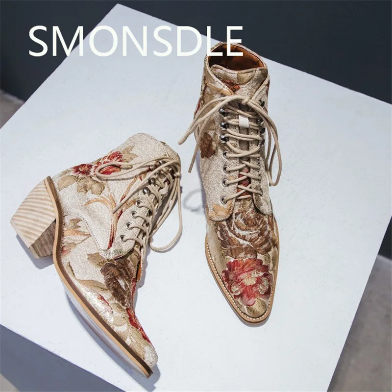 

2018 New Spring Summer Cloth Cover Women Ankle Boots Lady Shoes Pointed Toe Lace Up Embroider Thick Heel Women Boots Shoes Woman