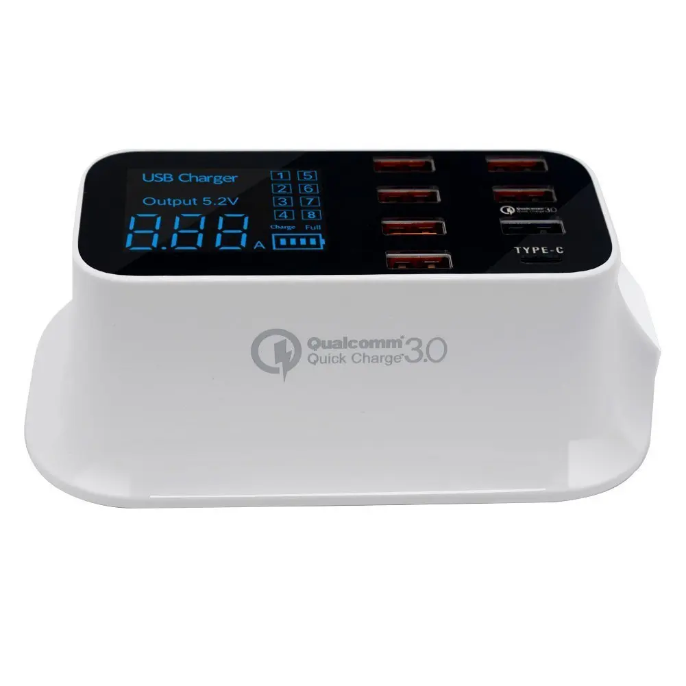 

USB Charger Desktop Phone Charger Adapter 40W/8A 7 Port HUB Type C Port Quick Charge 3.0 Led Display Fast Charging Dock Station