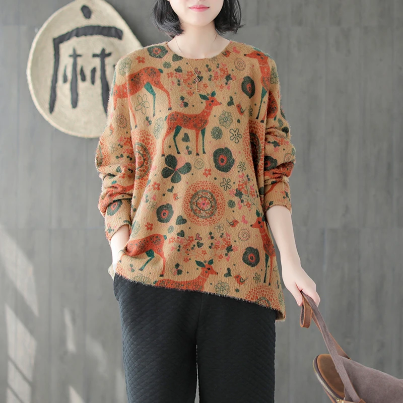 

Autumn Winter Sweater Retro Women Fashion Knitting Sweater Tops O-Neck Print Pattern Blended Female Casual Loose Sweater