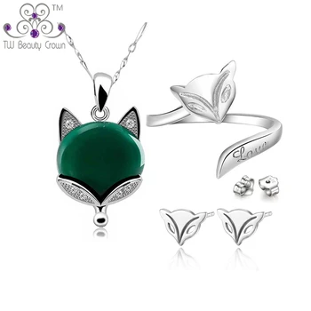 

Casual Matching 925 Pure Silver Natural Stone Green Onyx Fox Animal Pendant Necklaces Earrings Ring Woman Fashion Jewelry Sets