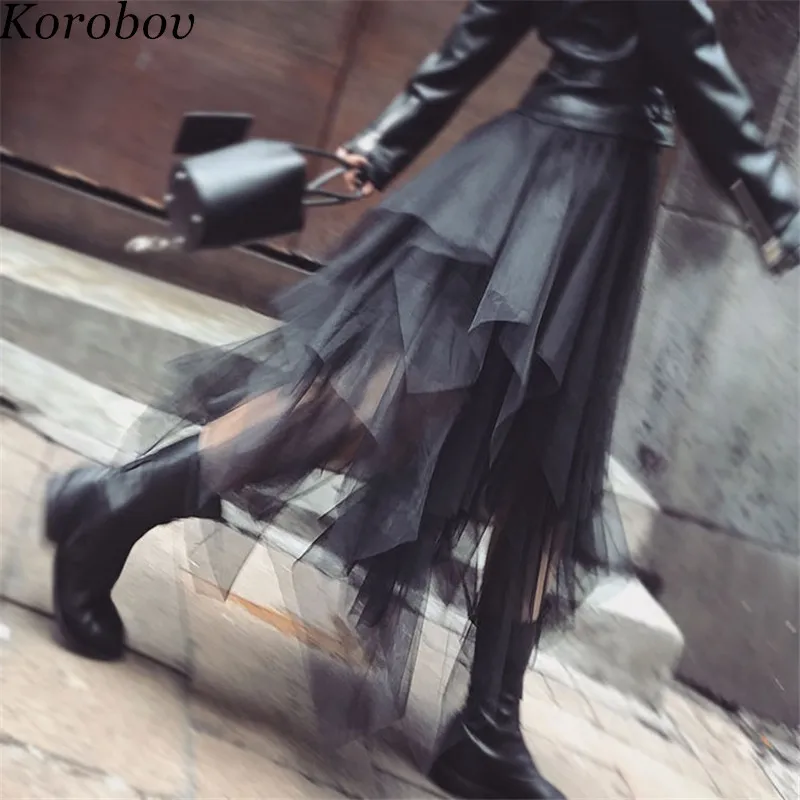 

Korobov Women Saia Falda Korean Mesh Irregular Female Mid Skirts A-Line Ball Gown Skirt 2019 New Arrival 76866