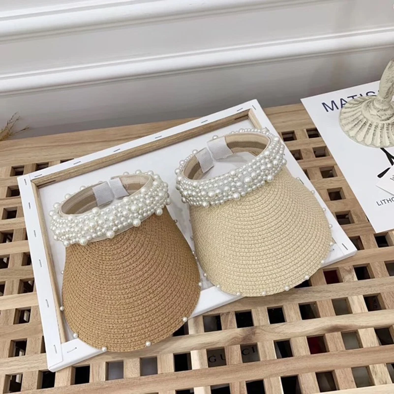 

Luxury Raffia Handmade Weave Pearl Empty Top Visor Hat Cap Fashion Summer Women Straw Sunshade Sun Hat Outdoor Casual Beach Cap