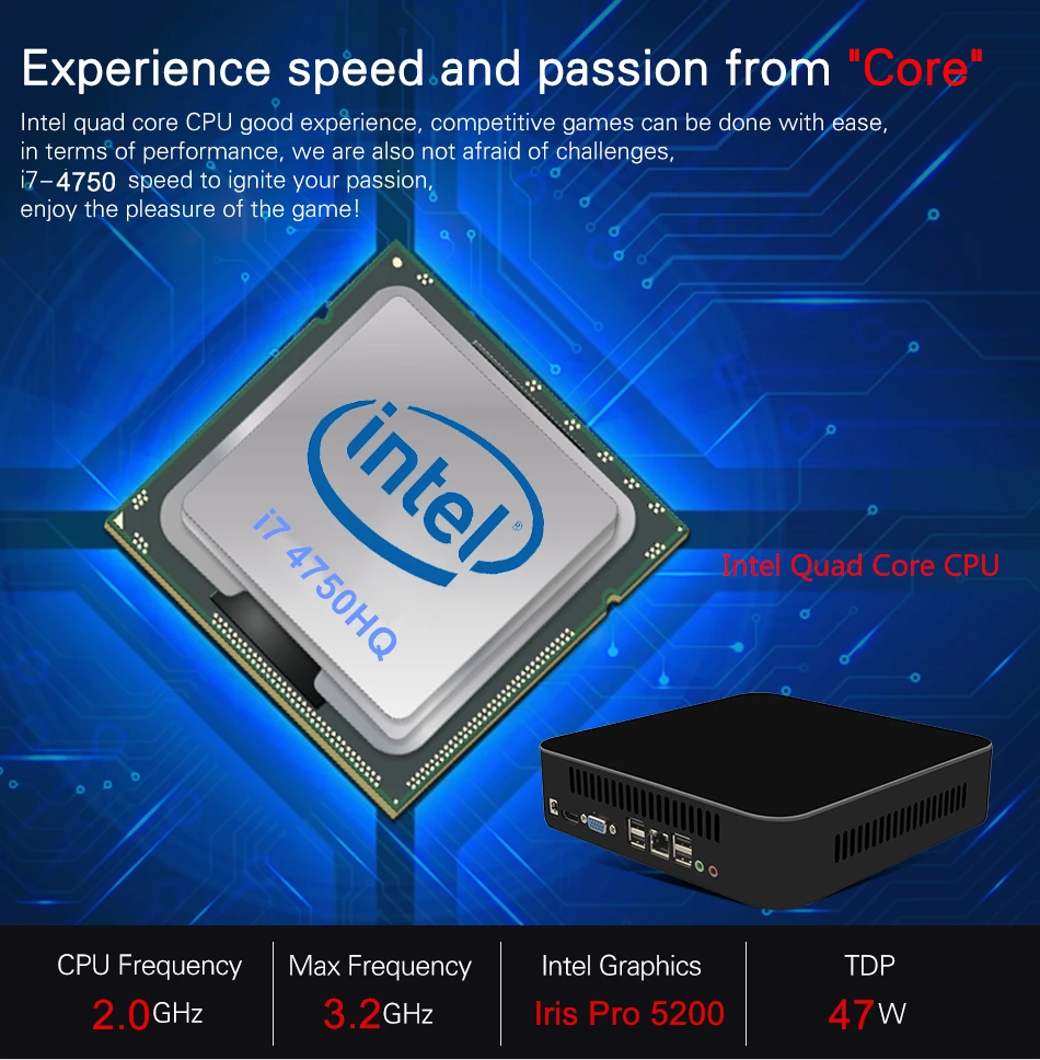 Дешевый мини-ПК Intel Core i7 4750HQ четырехъядерный 8 потоковый максимум 3,2 ГГц Intel Iris Pro Graphics 5200 игровой мини-компьютер 4K HD HTPC