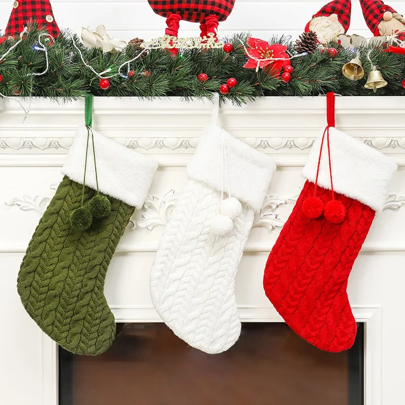 

Christmas Stocking Knitting Sock With Pompom Santa Claus Tree Decoration Ornaments New Year Candy Bag Gifts Socks Stocking Xmas