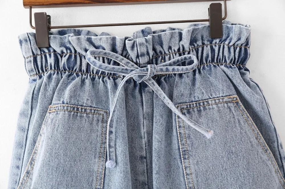 Wynne gadis летний сплошной цвет кружево до женские джинсовые широкие брюки шорты для женщин высокая талия двойной карман свободные женск