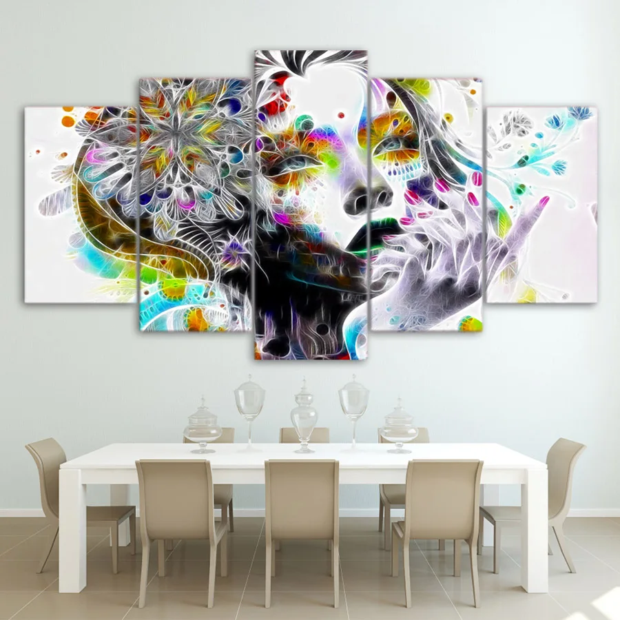 

HD Printed 5 piece canvas art psychedelic modern watercolor girl face with flower Painting wall pictures for living room