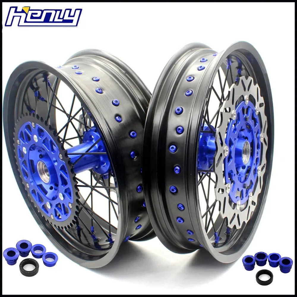 

3.5/4.25 Complete Supermoto Wheels Set For HUSQVARNA TE TC FE FC 125 250 350 450 2014-2019 Supermotard Blue Nipple Black Spoke