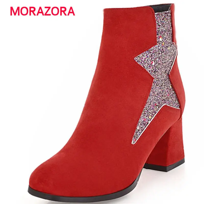 

MORAZORA big size fashion bling high heel boots autumn winter short plush boots square toe square heel ankle boots for women