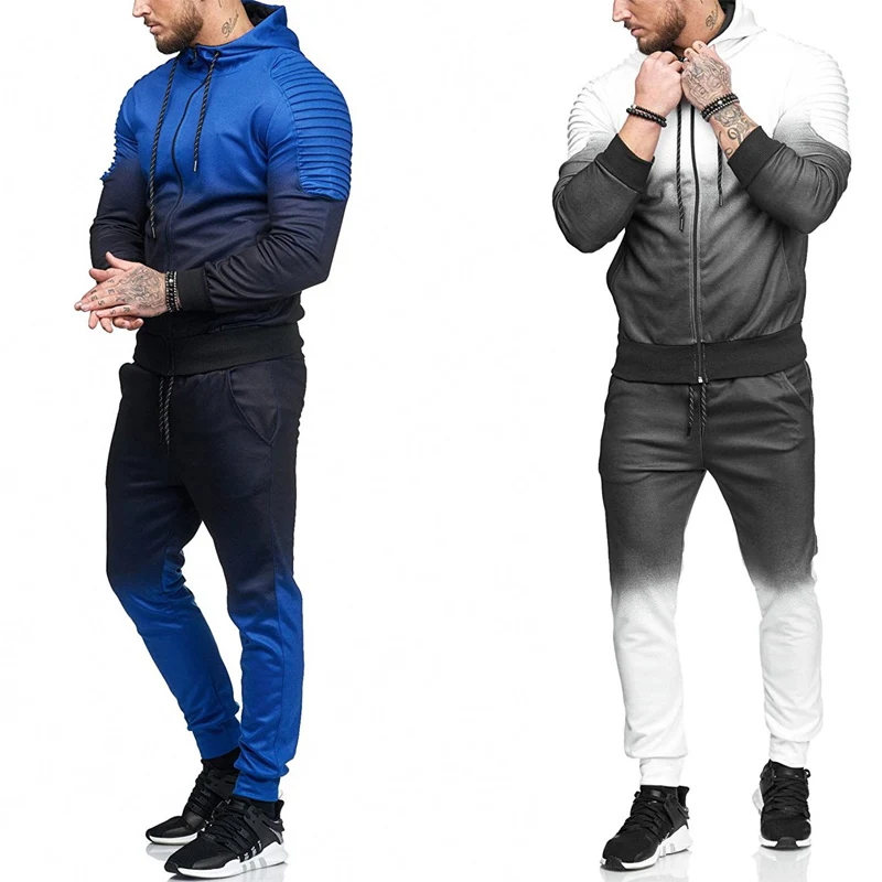 Zipper Tracksuit Men Set Sporting 2 Pieces Sweatsuit Men Clothes Color Gradient Printed Hooded Hoodies Pants Track Suits Male
