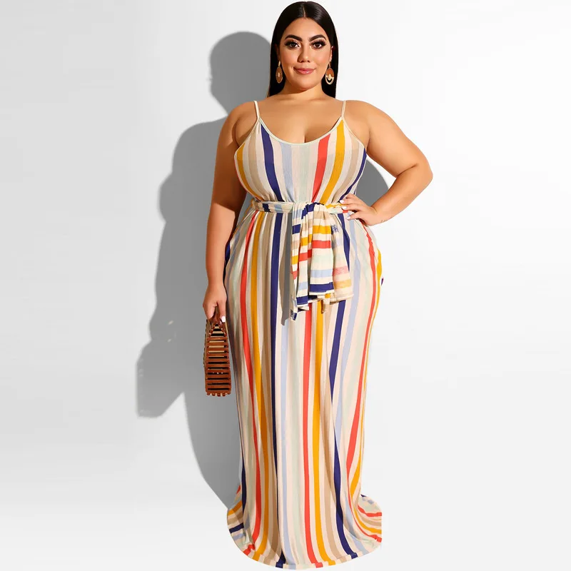 

Plus Size Summer Spaghetti Strap Maxi Dress Striped Backless Belt Sundress Sexy Straight Beach Boho Vestidos Large size Robe