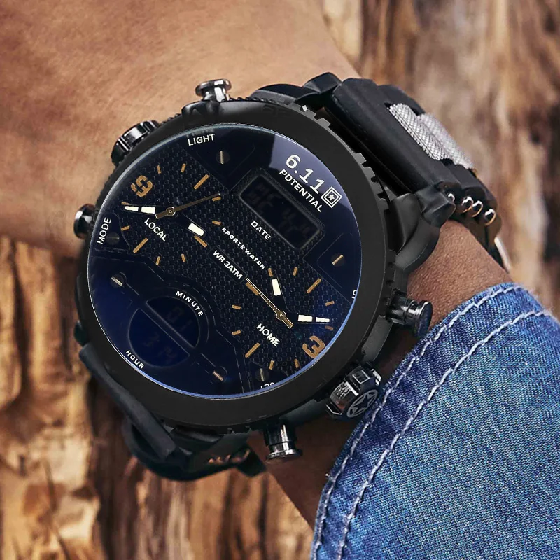 Skup Dropshipping nowy 6.11Big mężczyzna zegarka sporta mężczyzna podwójny wyświetlacz kwarcowy na rękę wodoodporny zewnątrz wiele stref czasowych zegar