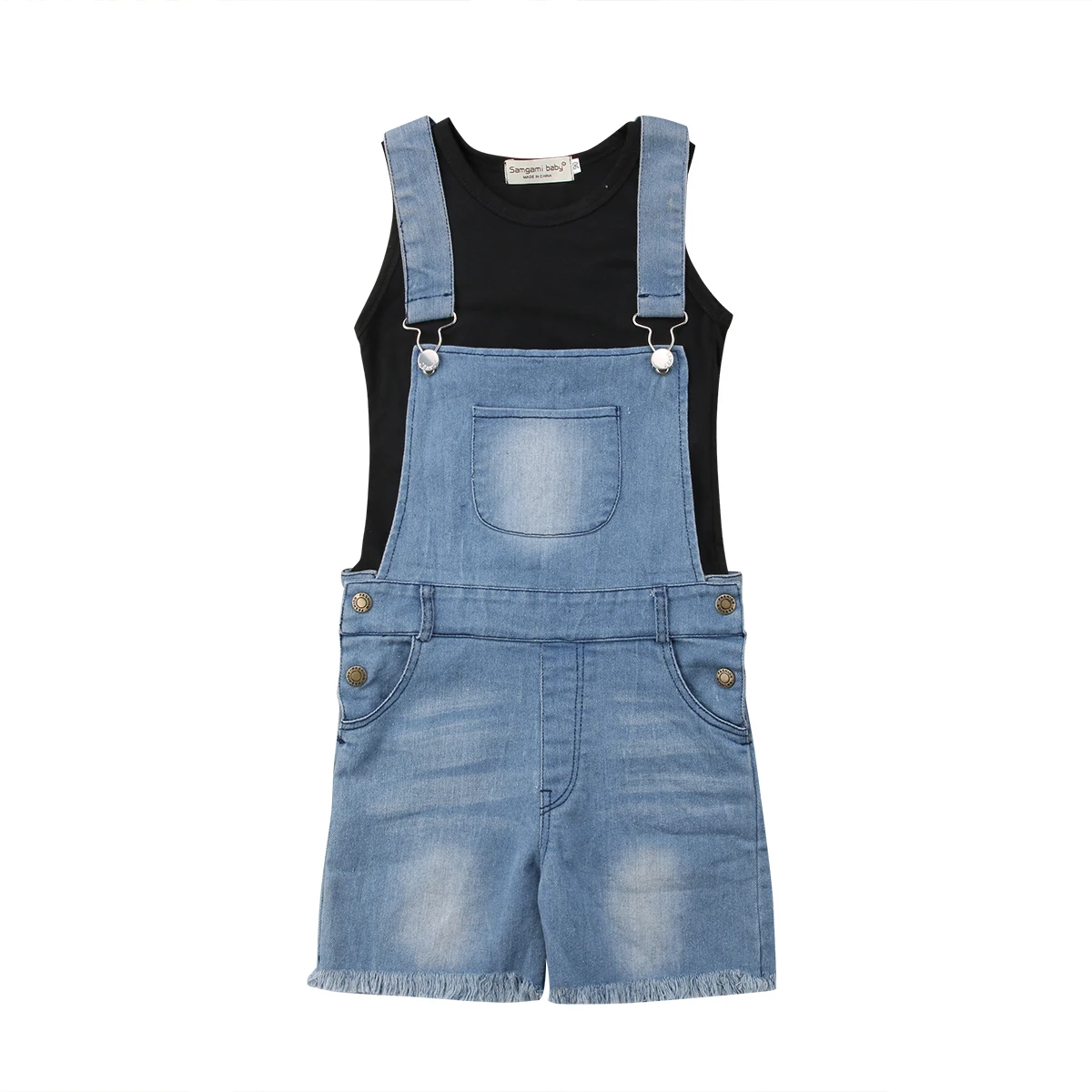 

2018 Summer Kids Baby Girl Vest Tops Black Solid T-shirt Suspender Demin Bib Pants Overalls 2Pcs Cute Summer Outfit