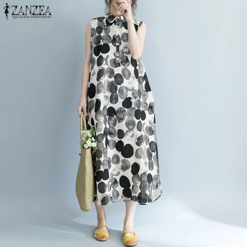 

ZANZEA Women Summer Lapel Neck Polka Dot Shirt Dress Vintage Sleeveless Party Sundress Casual Sarafans Long Vestido Plus Size