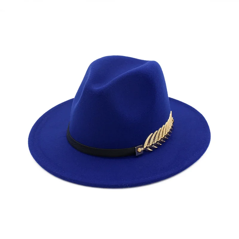 QIUBOSS тренд сплошной цвет для мужчин и женщин шерсть фетровая Панама Шляпа Fedora шапки кожаный ремешок металлические листья узор Черная мягкая фетровая шляпа в джазовом стиле QB04 - Цвет: Royalblue