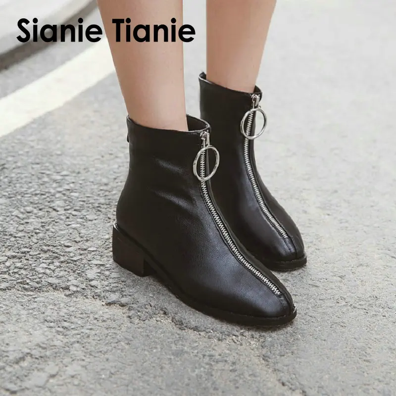 

Sianie Tianie 2019 winter woman boots soft PU chunky low heels woman motorcycle botas punk female ankle boots with front zipper