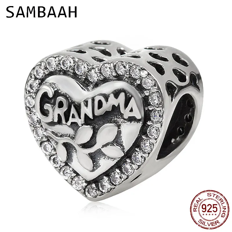 Sambaah сердце для бабушки браслеты с подвесками с прозрачный CZ камень 925 пробы Серебряная любовь бусина с надписью «grandma», подходят к оригиналу Pandora, Семья браслет