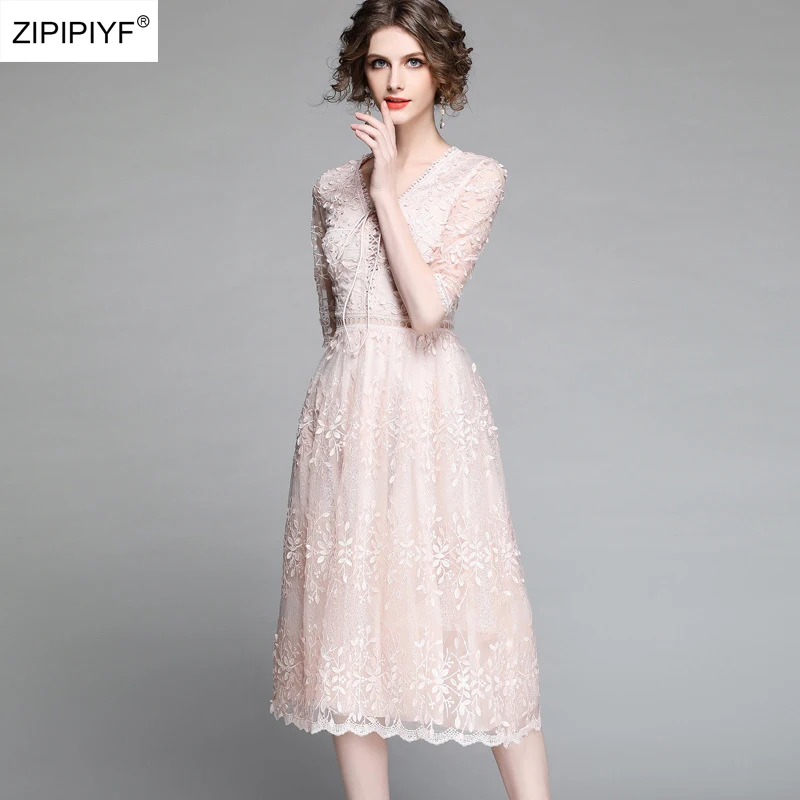 2018 Весна Высокое качество v образным вырезом до середины икры Платье Vestido вышивки
