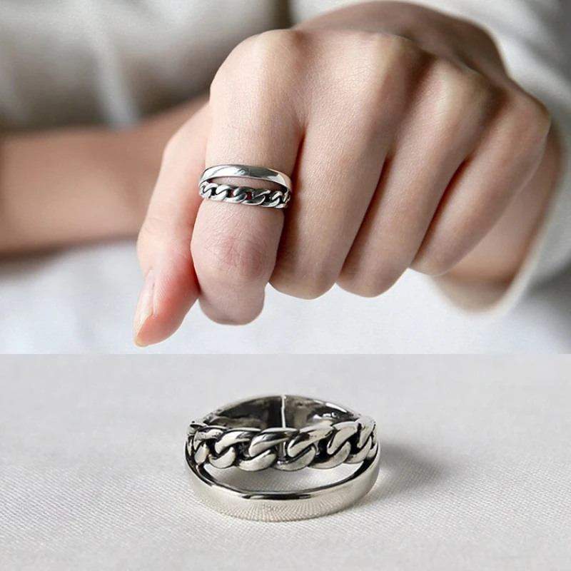 

Real Sterling Silver Personalized Large Custom Curb Chain Ring Gift For Him Unisex Adjustable Open Statement Silver Ring 925