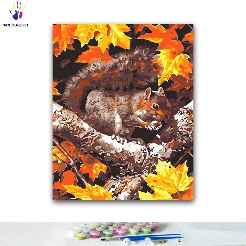 

DIY Coloring paint by numbers Squirrel eating pine cones on the tree paintings by numbers with kits 40x50 framed