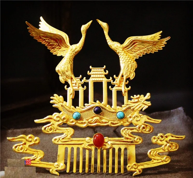 

LYZ Heaven Palace Crane Chinese Traditional Handcarving Hair Comb Tiara Diji Hanfu Hair Accessory Tang Dynasty Copper Hair Tiara