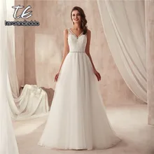 Кристаллы v-образным вырезом линии Элегантный свадебное платье из фатина со съемными Бисер ремень длинное свадебное платье vestido de casamento