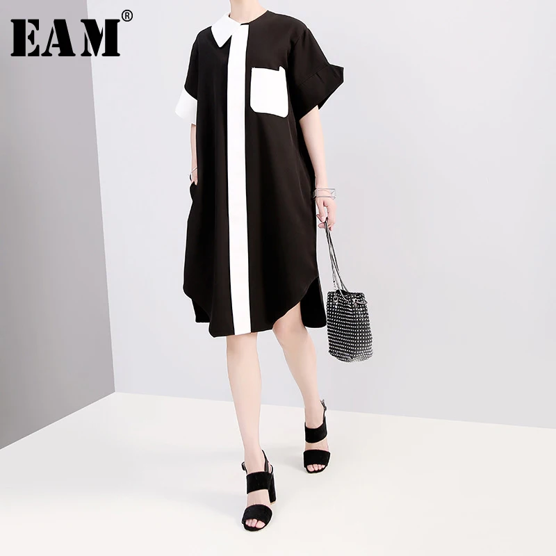 

[EAM] 2019 New Spring Summer Turn-down Collar Short Sleeve Hit Color Spliced Split Joint Personality Dress Women Fashion JY367