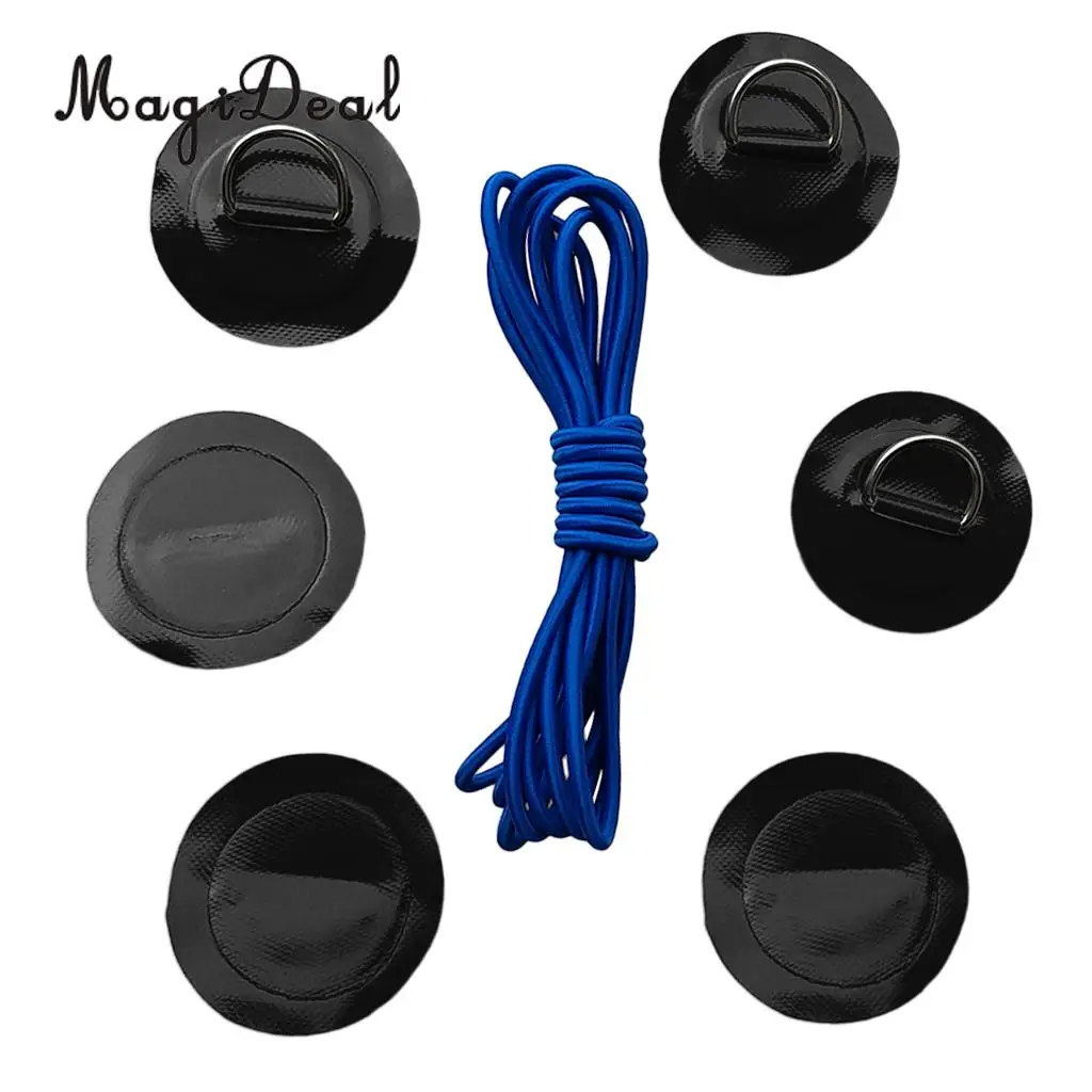 Pack 6 Stainless Steel D-Ring Patch/Pad & 5mm x 5m Elastic Shock Cord Rope for PVC Inflatable Boat Kayak Raft Dinghy - 6 Colors