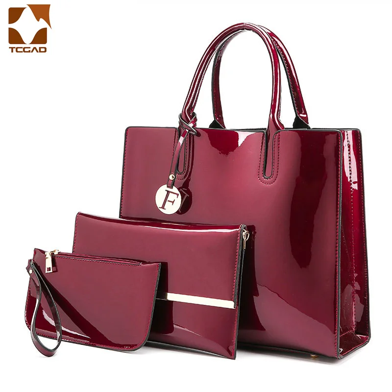 

3 Sets Bright Skin Leather Women Handbags Brands Tote Bag+Ladies Shoulder Bag+Clutch Messenger Bag Fashionable Child Mother Bag