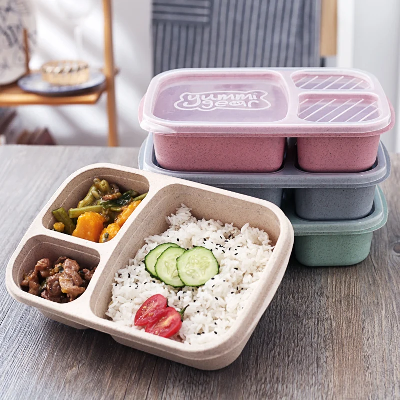3 Compartment Plastic Bento Lunchbox Portable Kids School Lunch Boxes Wheat Straw Storage Food Containers for Picnic Dinnerware (1)