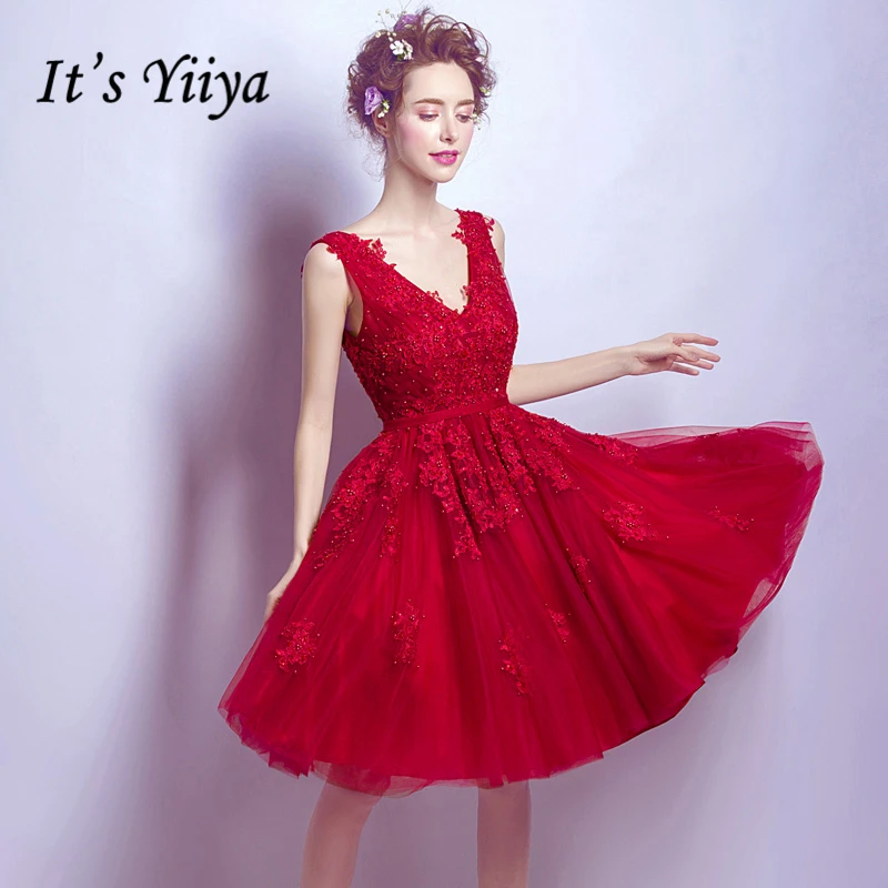 It's YiiYa New Red V Neck Sleeveless Simple Embroidery Knee Length