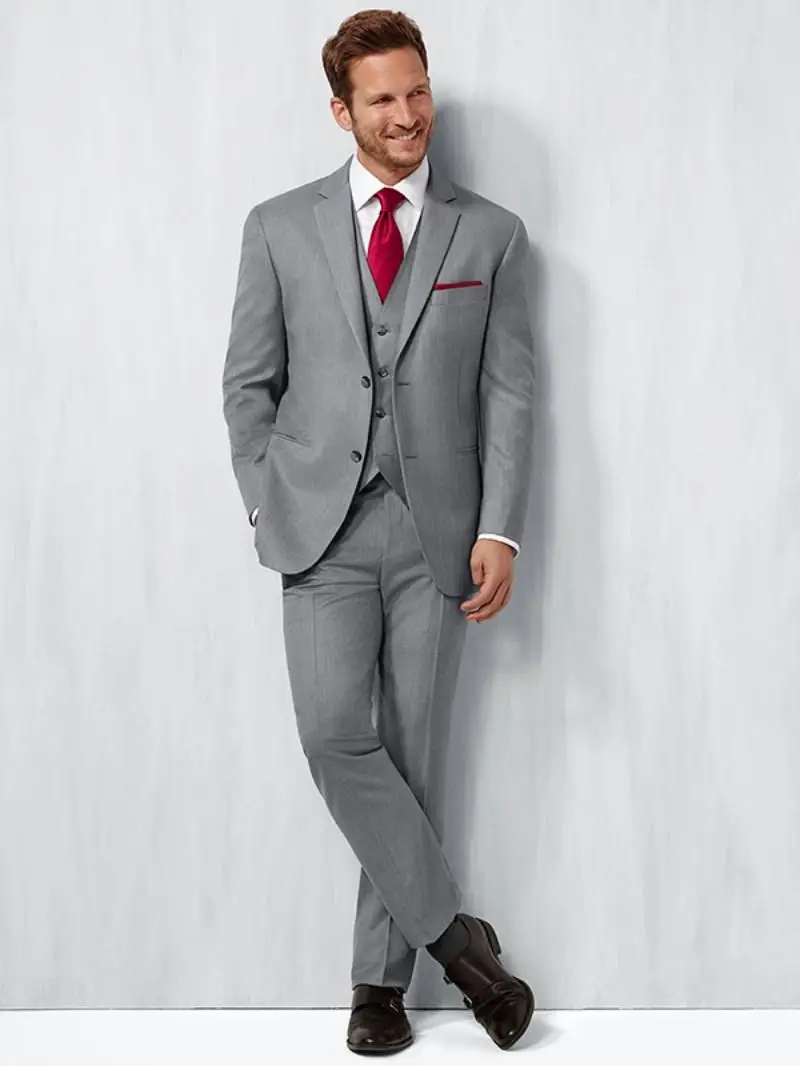 FOLOBE Custom Made Handmade 3PCS Gray Mens Suit Slim Fit Tuxedos Grooms