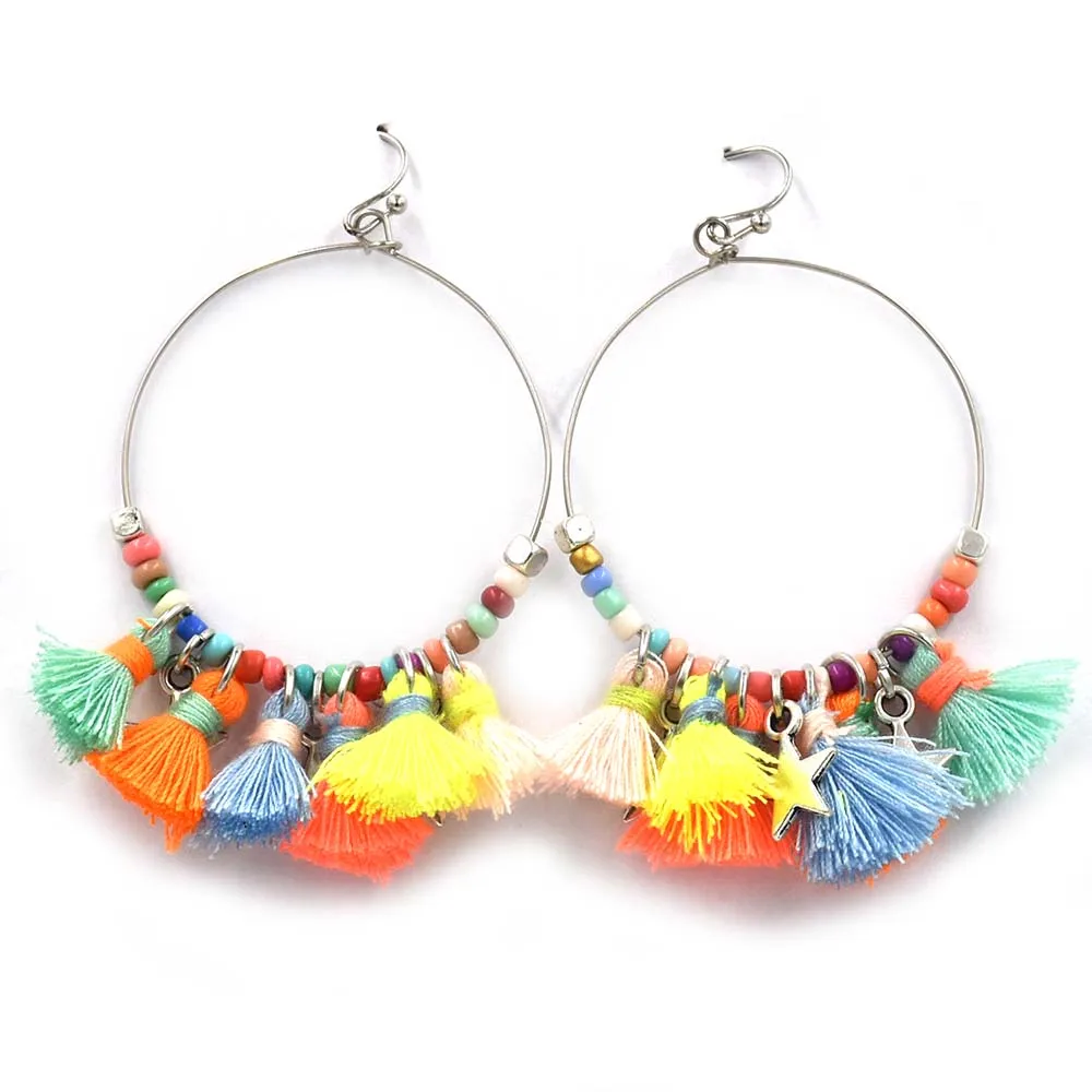 2017 new handmade bohemia earrings seeds beads earrings colorful cotton tassel Charm dangle earrings for summer women