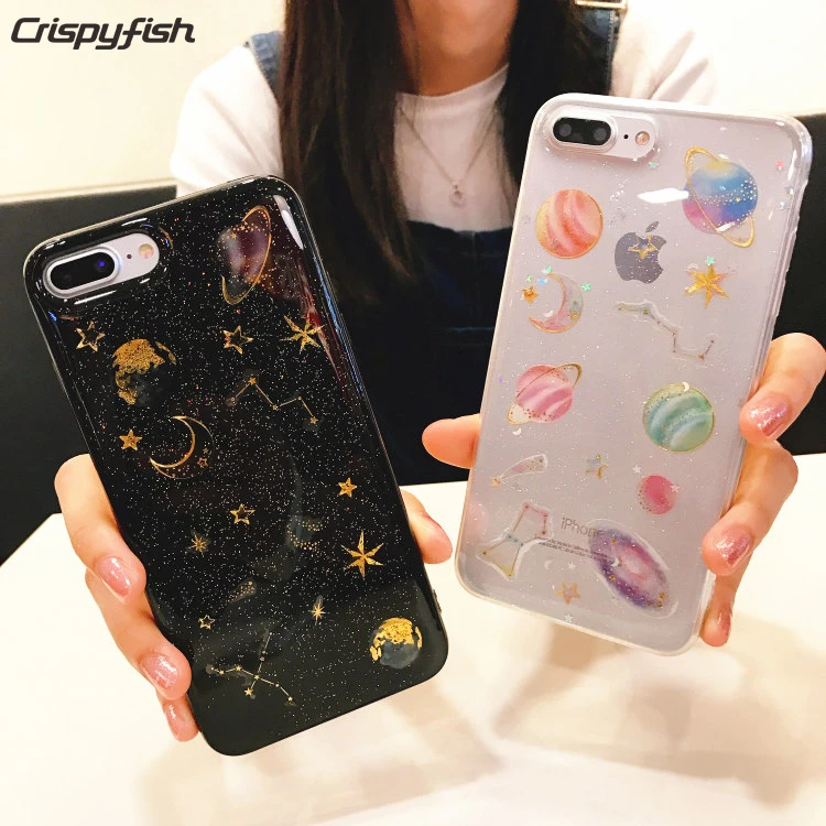 

Crispyfish Glitter Sparkly Planets Transparent Soft TPU For iPhone 6 6s 7 8 Plus X XR Xs Max Cartoon Silicone Case Cover