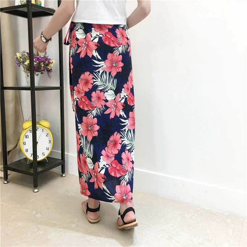 Boho печати летние выходные пляж юбки для женщин для 2019 повседневное Высокая талия длинный тонкий обёрточная бумага юбка с цветочным Принто