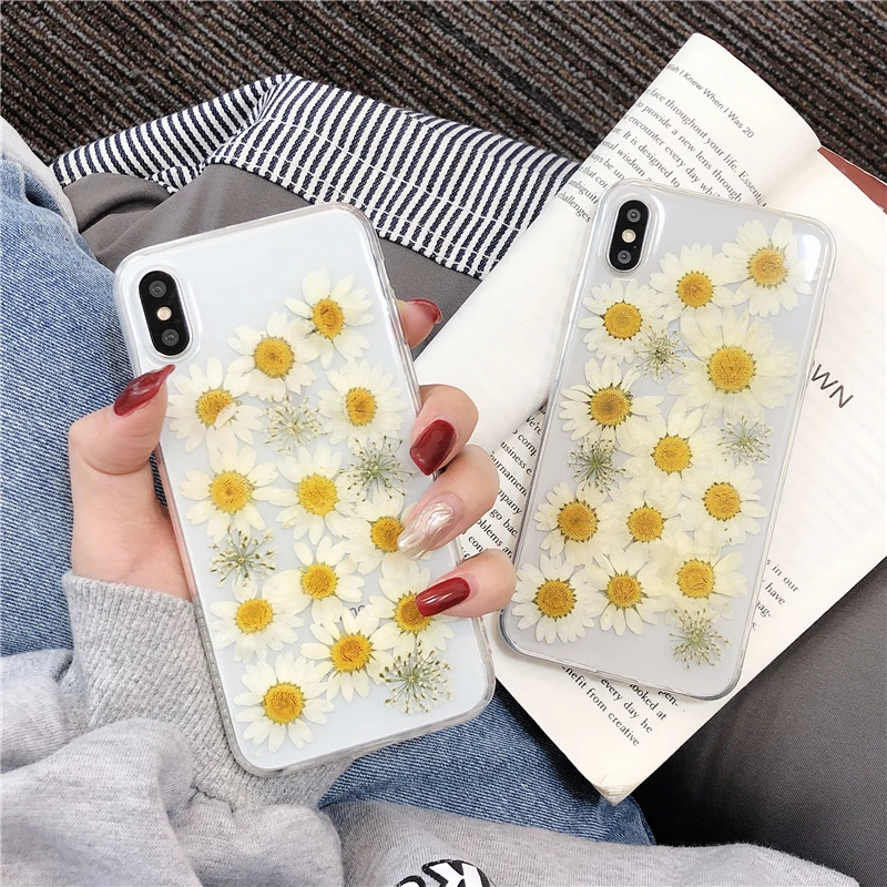 

Cute Real Daisy Flowers Soft phone case for iphone X XS Max XR Cases For iphone 8 Plus 6 6s 7 Glossy Floral back cover Capa