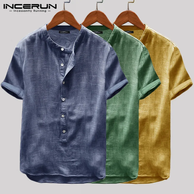 INCERUN 2020 Summer Men Shirt Short Sleeve Loose Solid Color Pullovers Breathable Harajuku Retro Leisure Shirts Men Chemise 5XL