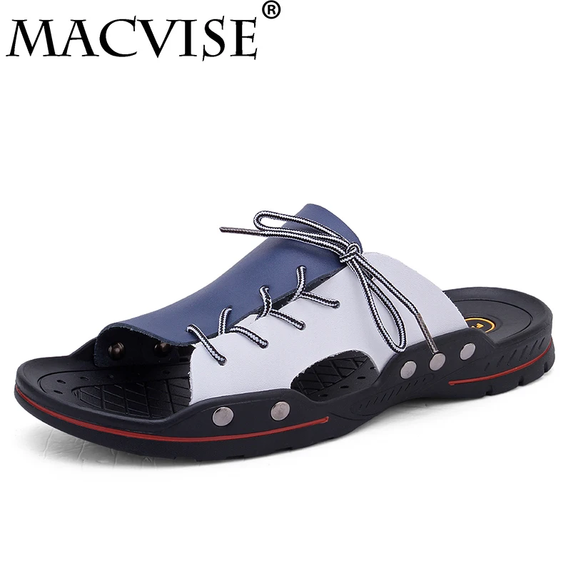 

Macvise Genuine Leather Men Slippers Beach Shoes Comfortable Men 2019 Summer Flat Heels Male Slides Luxury Plus Size 38-48
