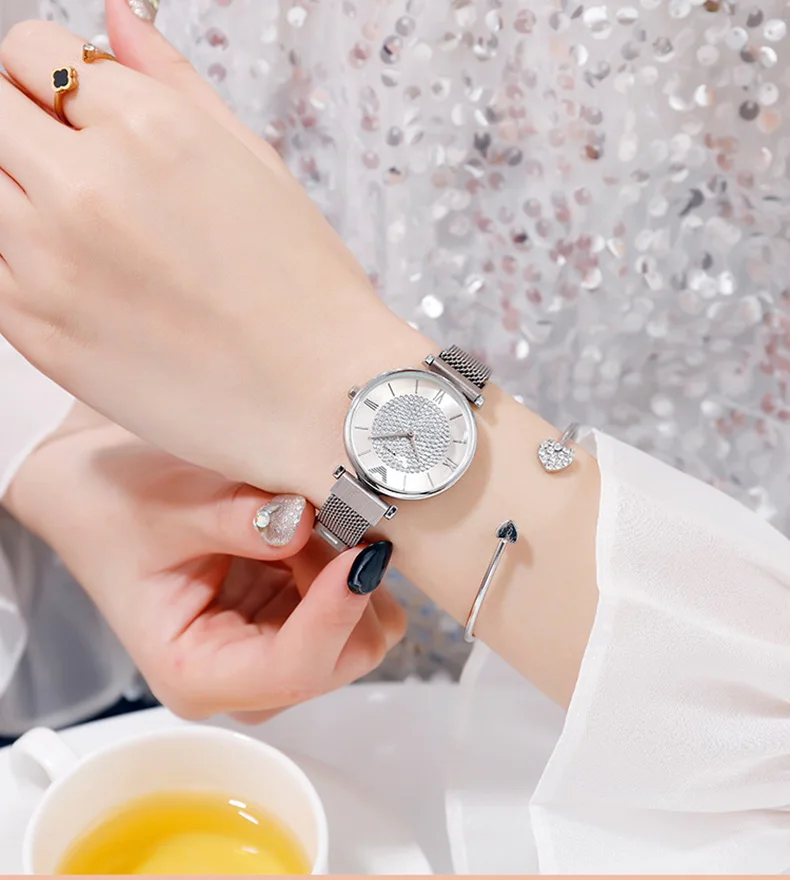 Женские часы серебряные часы для женщин раскошный ремешок для часов брендовые полностью алмазные Кварцевые часы магнитная сетка водонепроницаемые часы