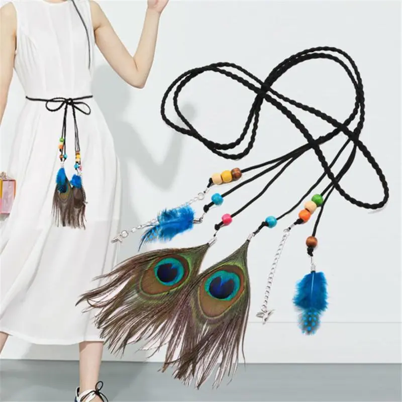 Women Fashion Folk-Custom Peacock Braided Feather Waist Belt Blet for dress shirt fashion accessories 40FE1216