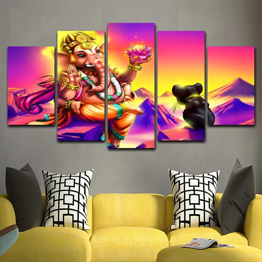 5 Panels Print Lord Ganesh wall art painting poster modern home decor