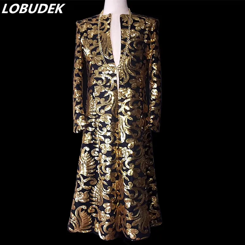 

Plus Size Men Long Outerwear Gold Sequins Trench Coat Tide Male Star Singer Concert Performance Costume Nightclub Stage Outfits