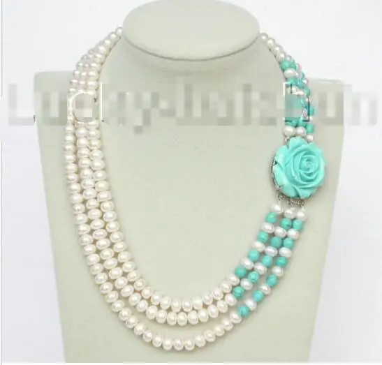 

Free shipping hot sale Women Bridal Wedding Jewelry >>17"-20" 8mm 3row round white freshwater pearls turquoise necklace