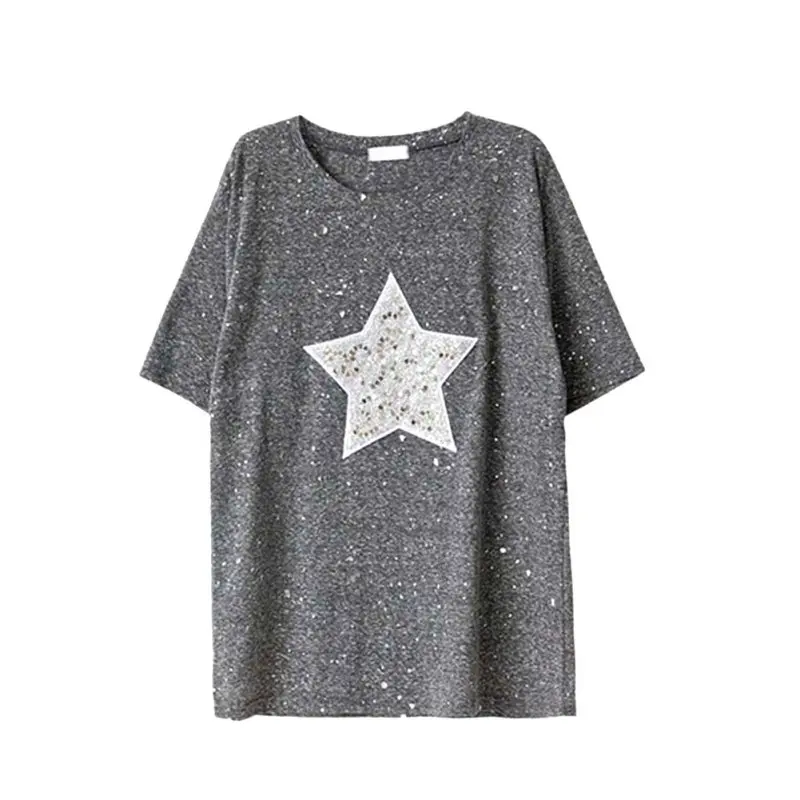 

Summer Ladies Fashion Shiny Star Patterns with Sequined Short Sleeve Loose Tee Shirt 2017 PL2